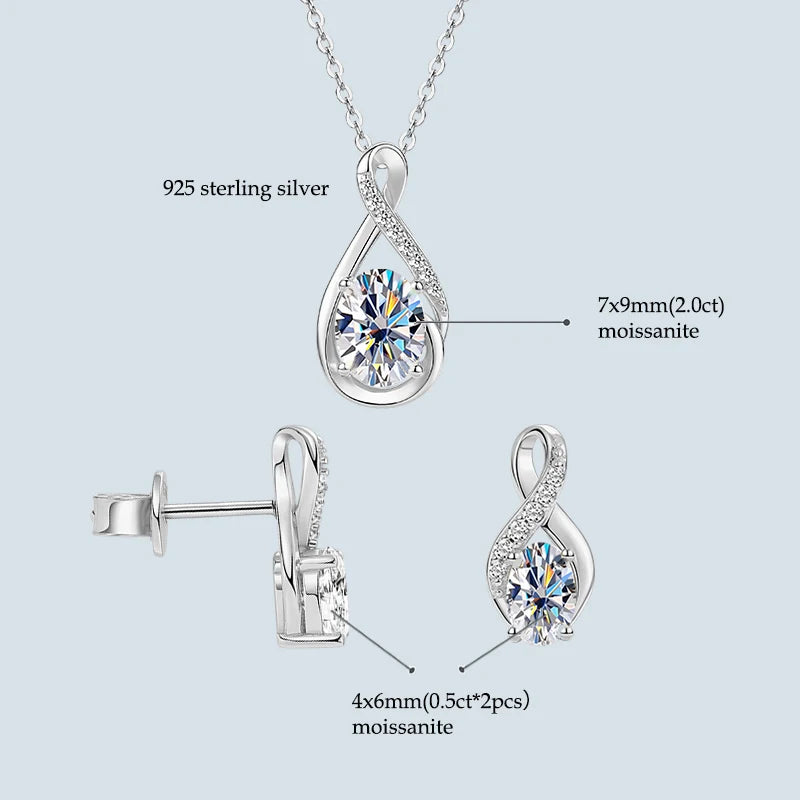Oval Cut 3.0cttw D Moissanite Jewelry Set for Women 925 Silver 2ct Infinity Pendant Necklace 0.5ct Stud Earrings Sets 2025 Gifts