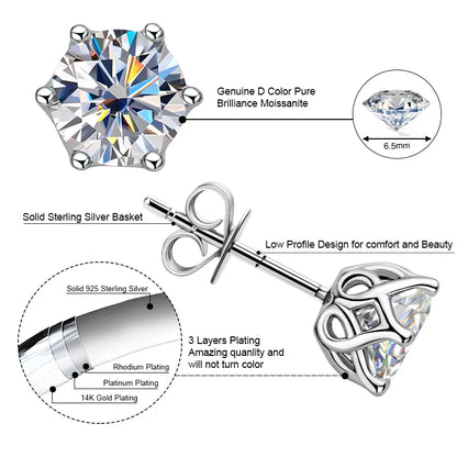 Real 3-6.5mm D Color 2CT Moissanite Diamond Stud Earrings 925 Silver for Women men Piercing Earrings Classic Jewelry Certificate