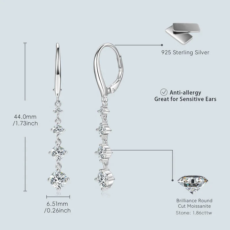 Anziw 42mm Long Dangle D Moissanite Drop Earrings for Women 925 Sterling Silver Hoop Clip Earrings Wedding Fine Jewelry Gift