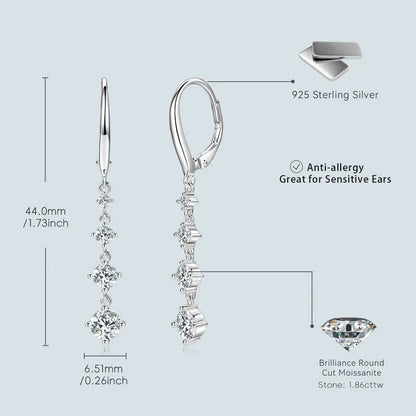 Anziw 42mm Long Dangle D Moissanite Drop Earrings for Women 925 Sterling Silver Hoop Clip Earrings Wedding Fine Jewelry Gift