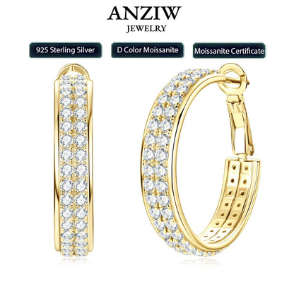 Anziw 2025 Trendy Pave Full Moissanite Hoop Earrings Real 925 Silver Earrings for Women Wedding Party Birthday Valentine Gift
