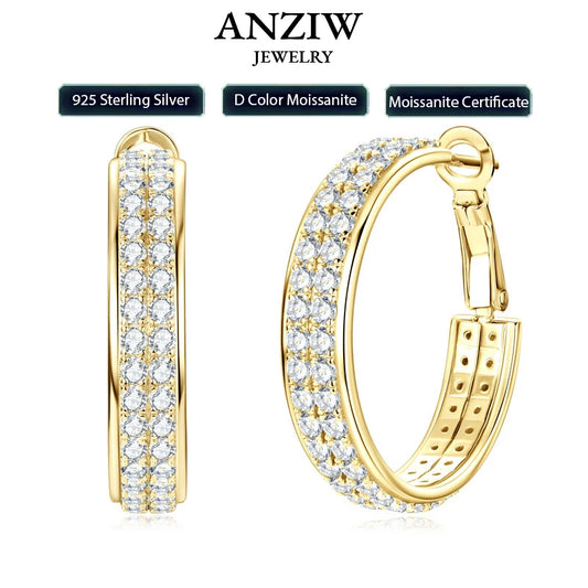 Anziw 2025 Trendy Pave Full Moissanite Hoop Earrings Real 925 Silver Earrings for Women Wedding Party Birthday Valentine Gift