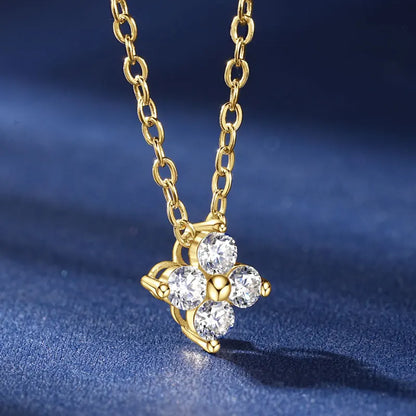 Anziw 100% Real 10K Gold Clover Flower 2.5mm D Moissanite Pendant Necklace Adjustable Chain for Women Lucky Charm Jewelry Gifts