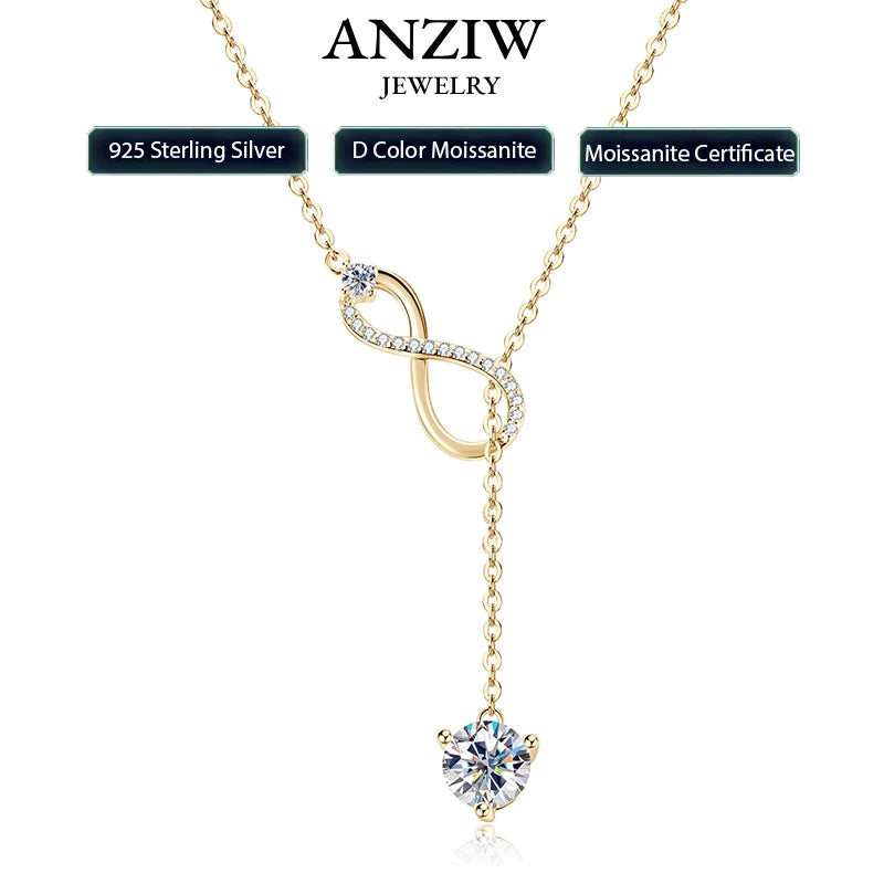Anziw 925 Silver Infinity Necklace for Women 6.5mm D Color Moisasnite Pendant Y Shape Necklaces Anniversary Wedding Jewelry Gift