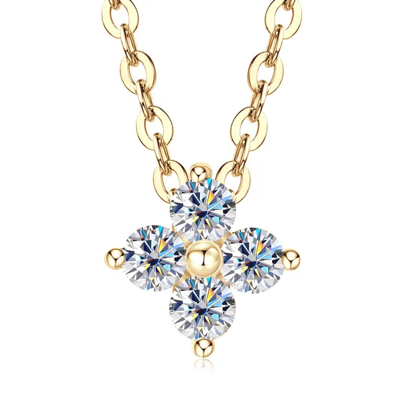 Anziw 100% Real 10K Gold Clover Flower 2.5mm D Moissanite Pendant Necklace Adjustable Chain for Women Lucky Charm Jewelry Gifts