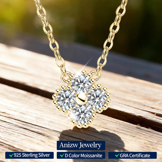 Lucky 3mm 0.1ct Moissanite Clover Flower Pendant Necklace for Women 100% Silver S925 Adjustable Chain Cute Charm Jewelry Gifts