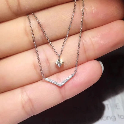 Anziw V Letter 5mm Moissanite Pendant Double Layer Necklace for Women 925 Sterling Silver Chain Clavicle 2025 New Jewelry Gifts