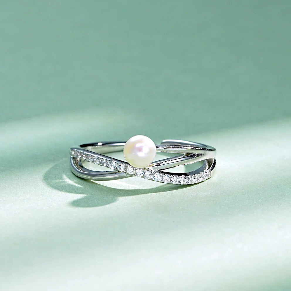 ANZIW s925 4-4.5mm Natural Freshwater Pearl Cross Rings for Women 925 Sterling Silver Trendy Opening Bands Ring Finger Jewelry