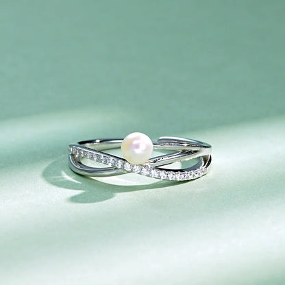 ANZIW s925 4-4.5mm Natural Freshwater Pearl Cross Rings for Women 925 Sterling Silver Trendy Opening Bands Ring Finger Jewelry