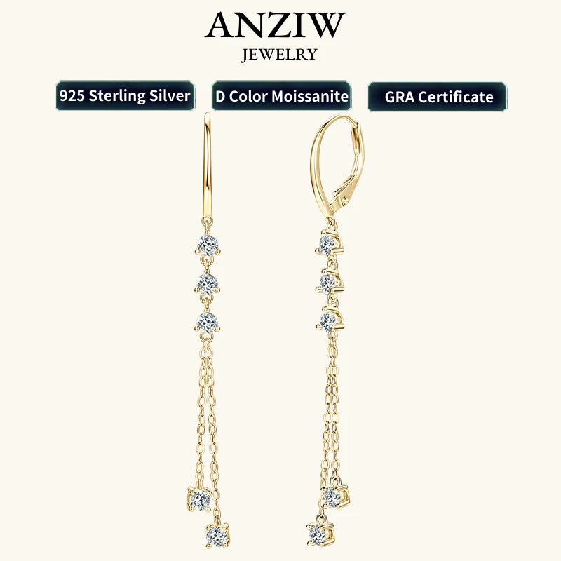 Anziw 6cm Long Tassel 3mm D Moissanite Drop Earrings for Women 925 Sterling Silver Hoop Clip Earrings Wedding Fine Jewelry Gifts