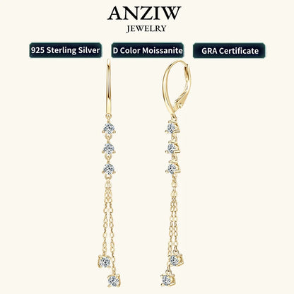 Anziw 6cm Long Tassel 3mm D Moissanite Drop Earrings for Women 925 Sterling Silver Hoop Clip Earrings Wedding Fine Jewelry Gifts
