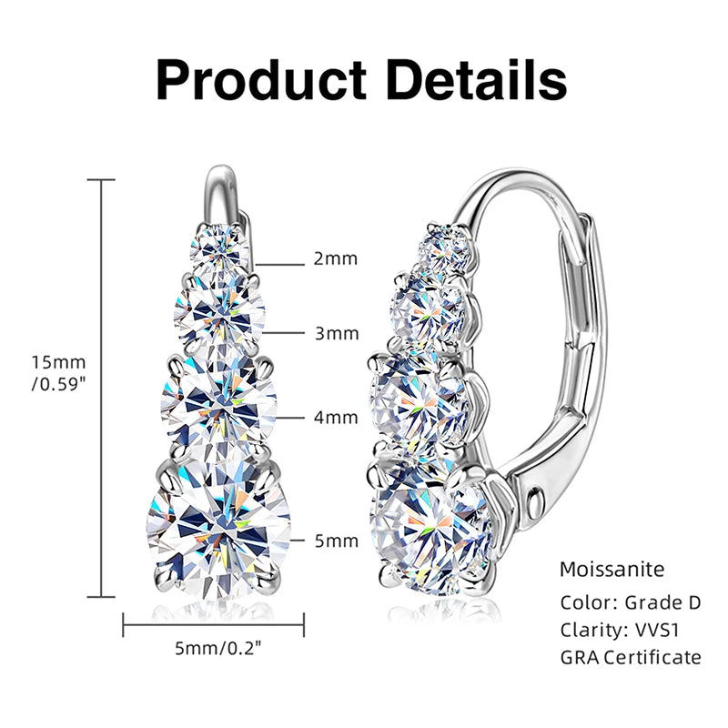 2025 New D VVS1 Moissanite 5 Stone Hoop Clip Earrings for Women Real 925 Silver Luxury Wedding Jewelry Lab Diamond 4mm&3.5mm&3mm
