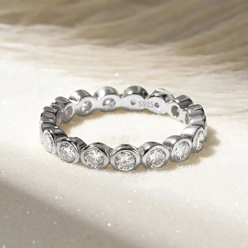Anziw 2026 Trendy Full Eternity Ring 3mm Moissanite Bezel Bands for Women Couples Real 925 Sliver Finger Jewelry Valentine Gift